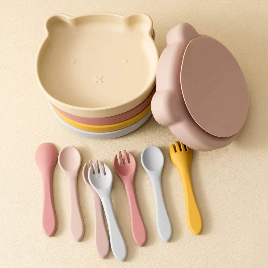 Silicone Baby Feeding Set- BPA Free Suction Bowl, Plate, Spoon & Fork