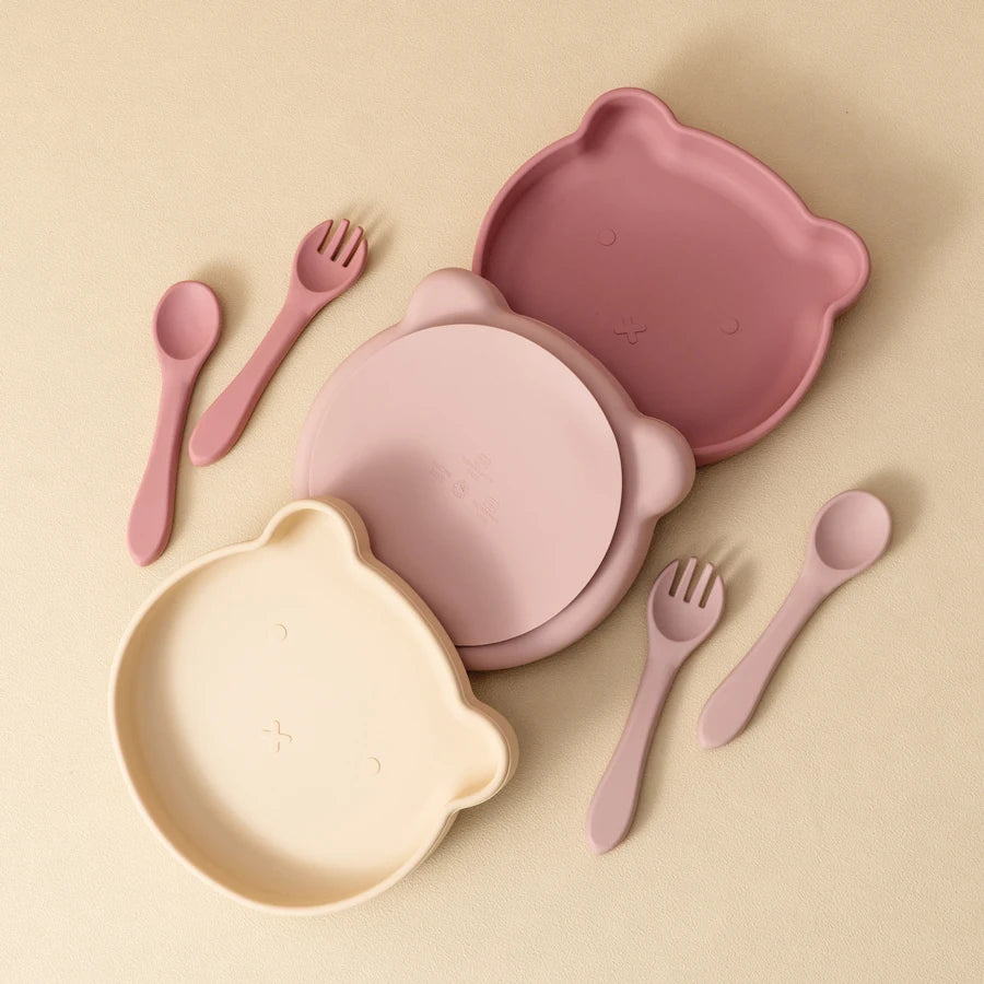 Silicone Baby Feeding Set- BPA Free Suction Bowl, Plate, Spoon & Fork